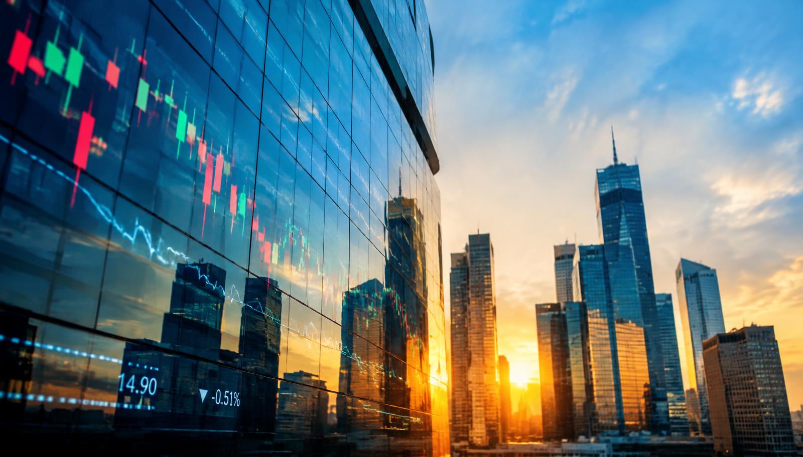 Financial district towers reflecting market charts at sunset