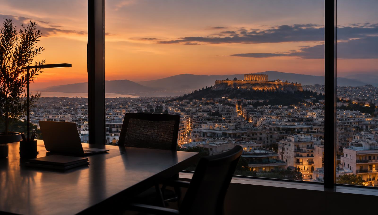 Athens skyline at dusk seen from a modern office