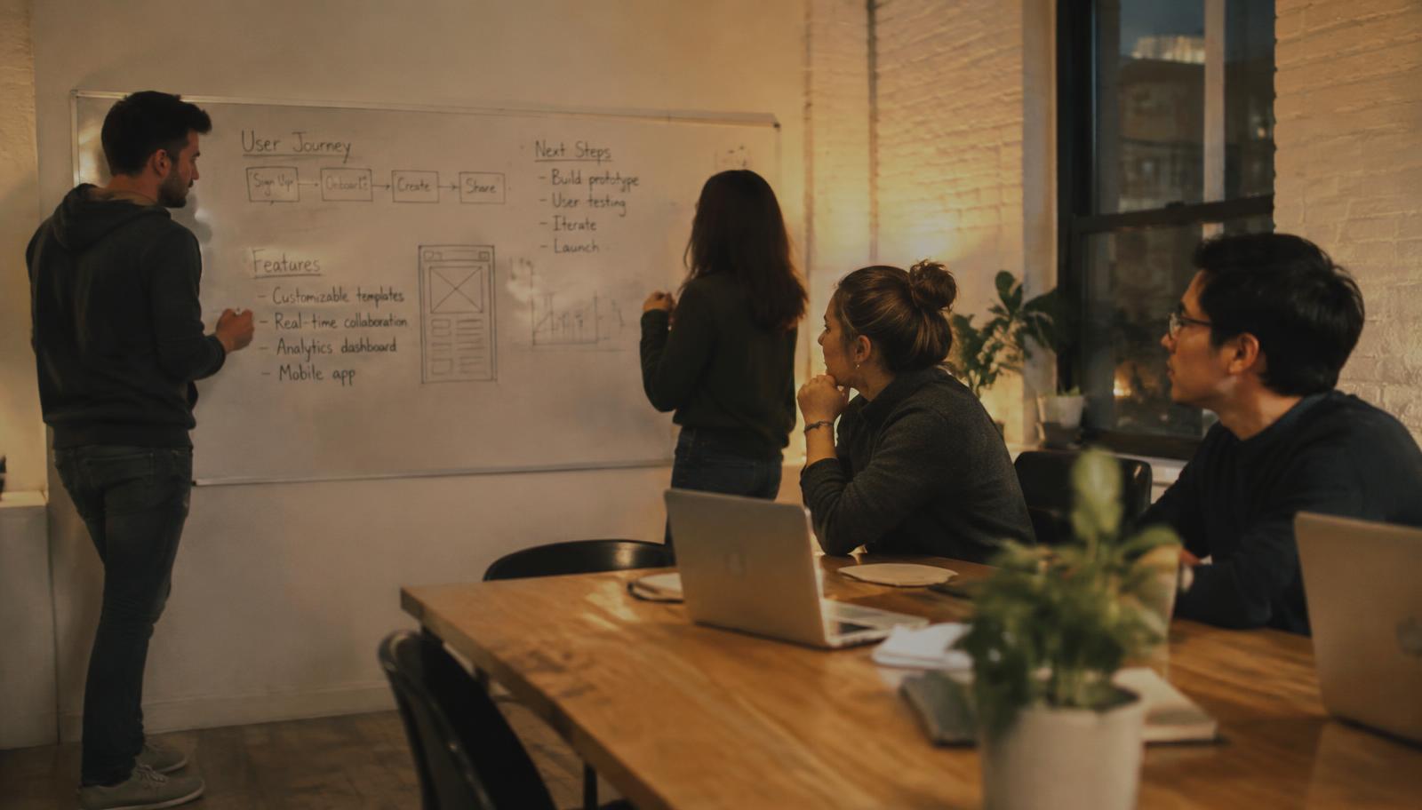 Small startup team reviewing a product plan on a whiteboard